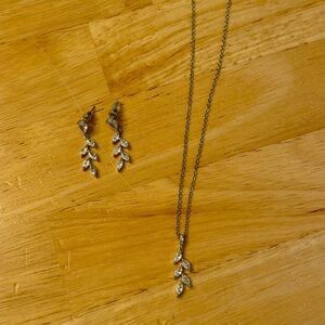 Silver Leaf Necklace & Earring Set — Sparkling CZ Detail